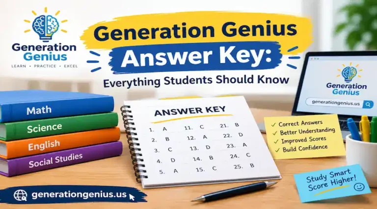 Generation Genius Answer Key guide showing an answer key worksheet, school books, study notes, and the website generationgenius.us.