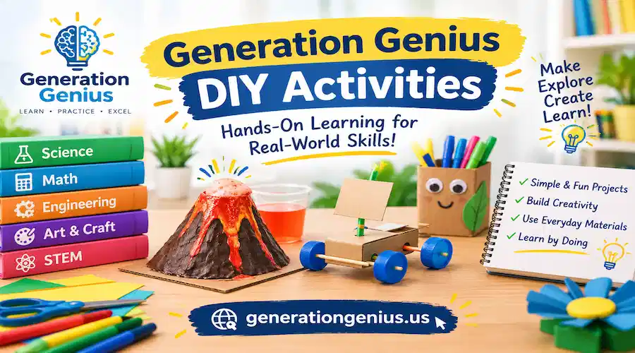 Generation Genius DIY Activities banner featuring fun hands-on STEM projects, a volcano experiment, cardboard craft car, art supplies, and creative learning activities, with generationgenius.us branding.