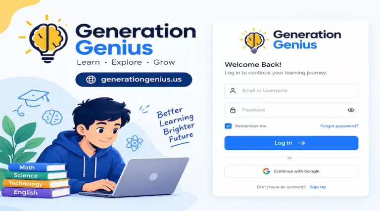 Generation Genius Login page with student learning on a laptop and the generationgenius.us domain.