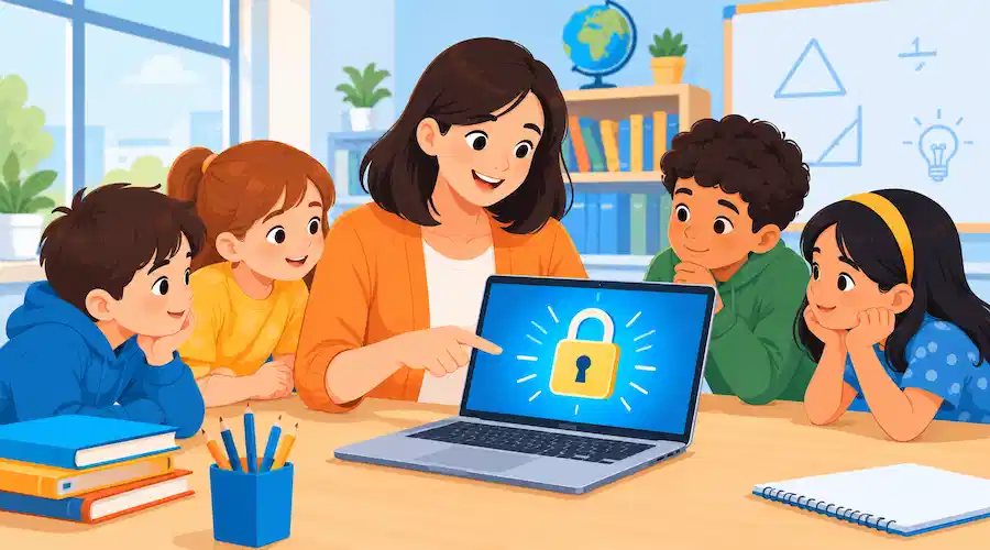 Generation Genius Math classroom illustration with a teacher and children learning together on a laptop, featuring a glowing padlock icon and colorful educational elements.