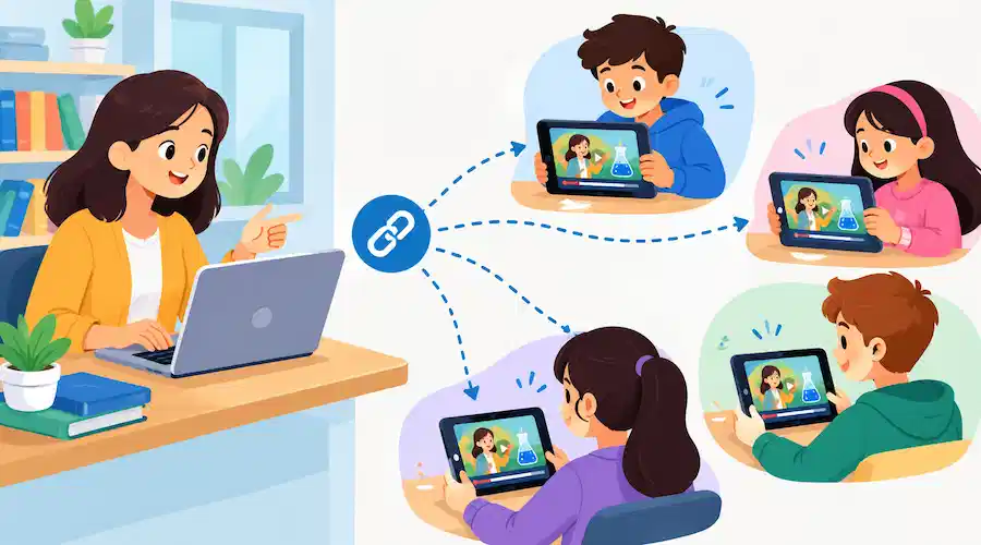 Teacher sharing a science video link with students on tablets for online learning – GenerationGenius.us